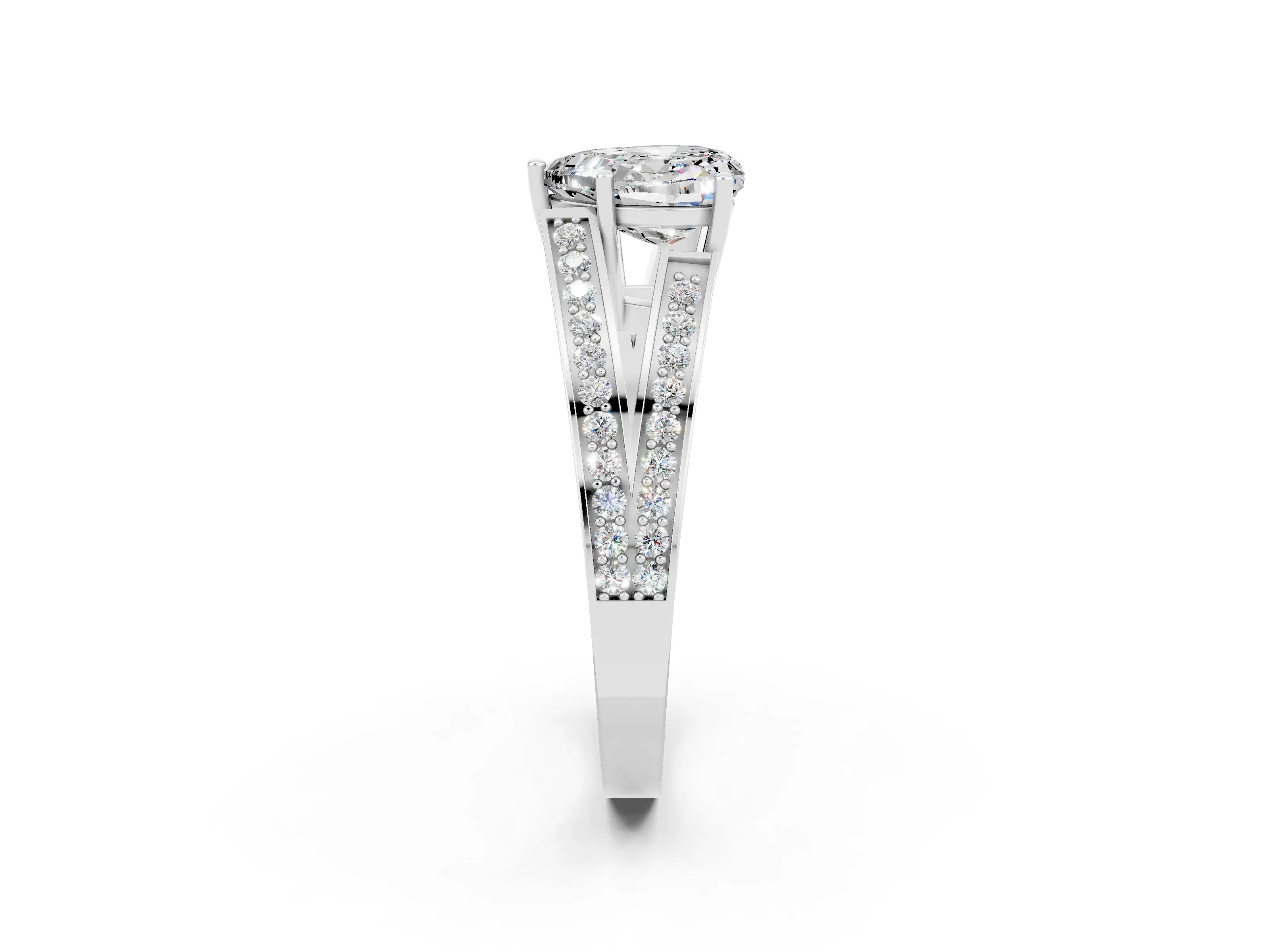 White gold Heart Cut Moissanite Split Shank Ring with Pavé Band and Four-Prong Setting_2