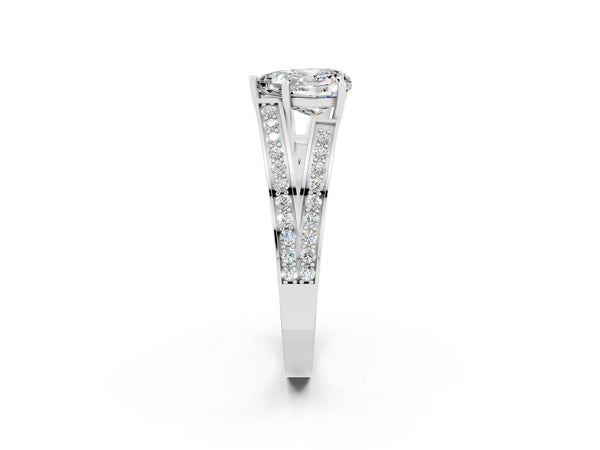 Silver Heart Cut Moissanite Split Shank Ring with Pavé Band and Four-Prong Setting