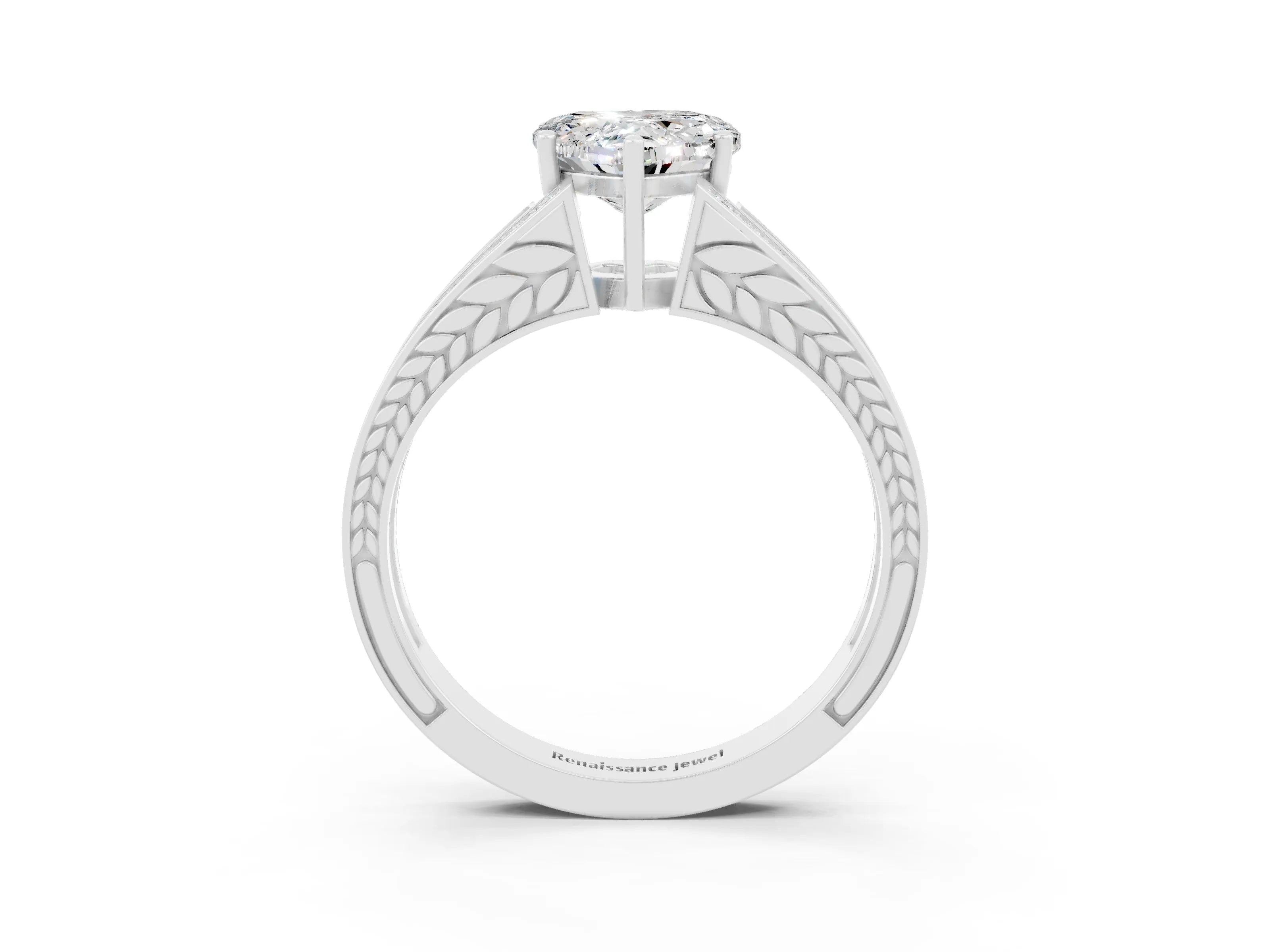 White gold Heart Cut Moissanite Split Shank Ring with Pavé Band and Four-Prong Setting_3