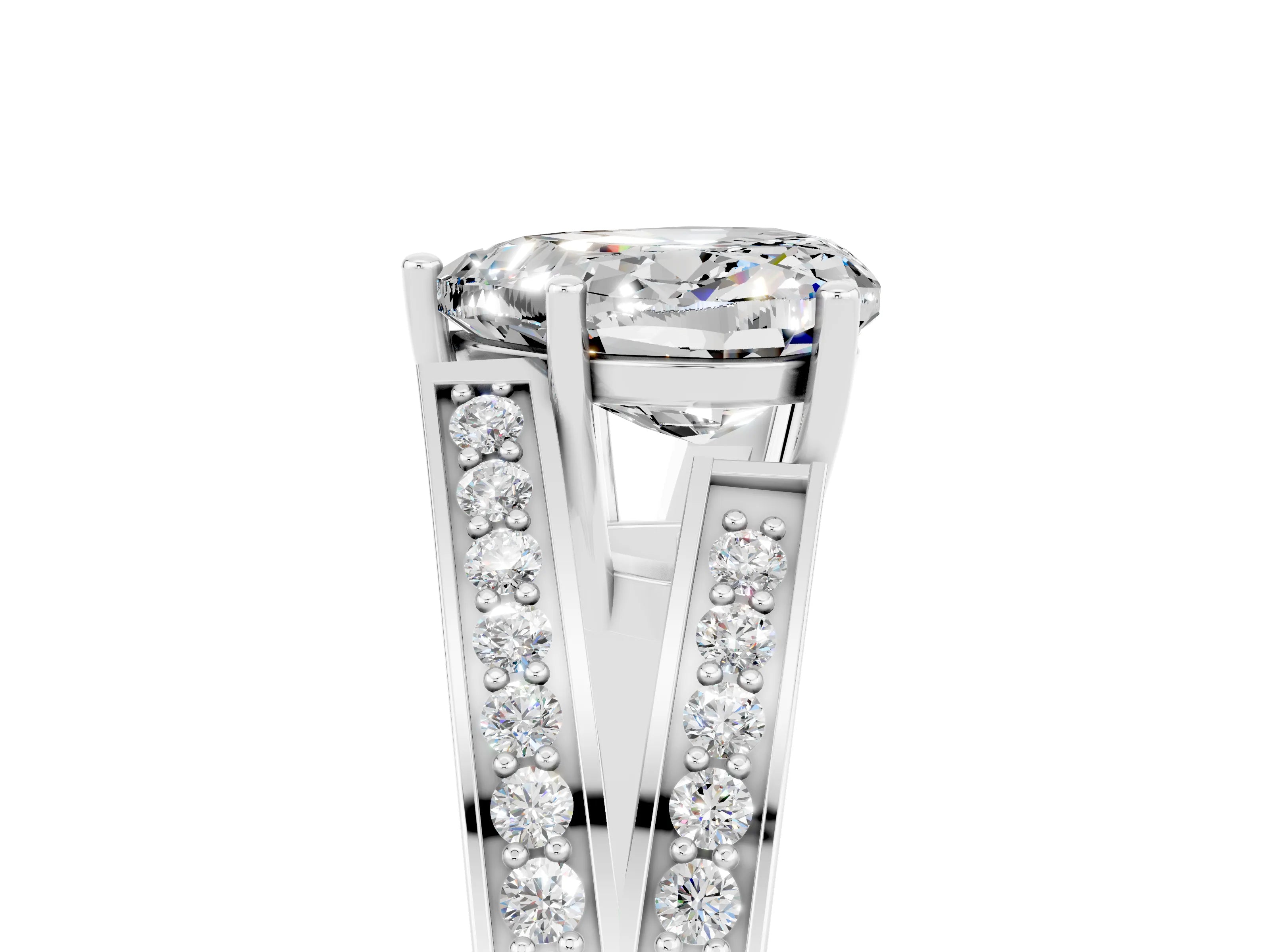 White gold Heart Cut Moissanite Split Shank Ring with Pavé Band and Four-Prong Setting_5