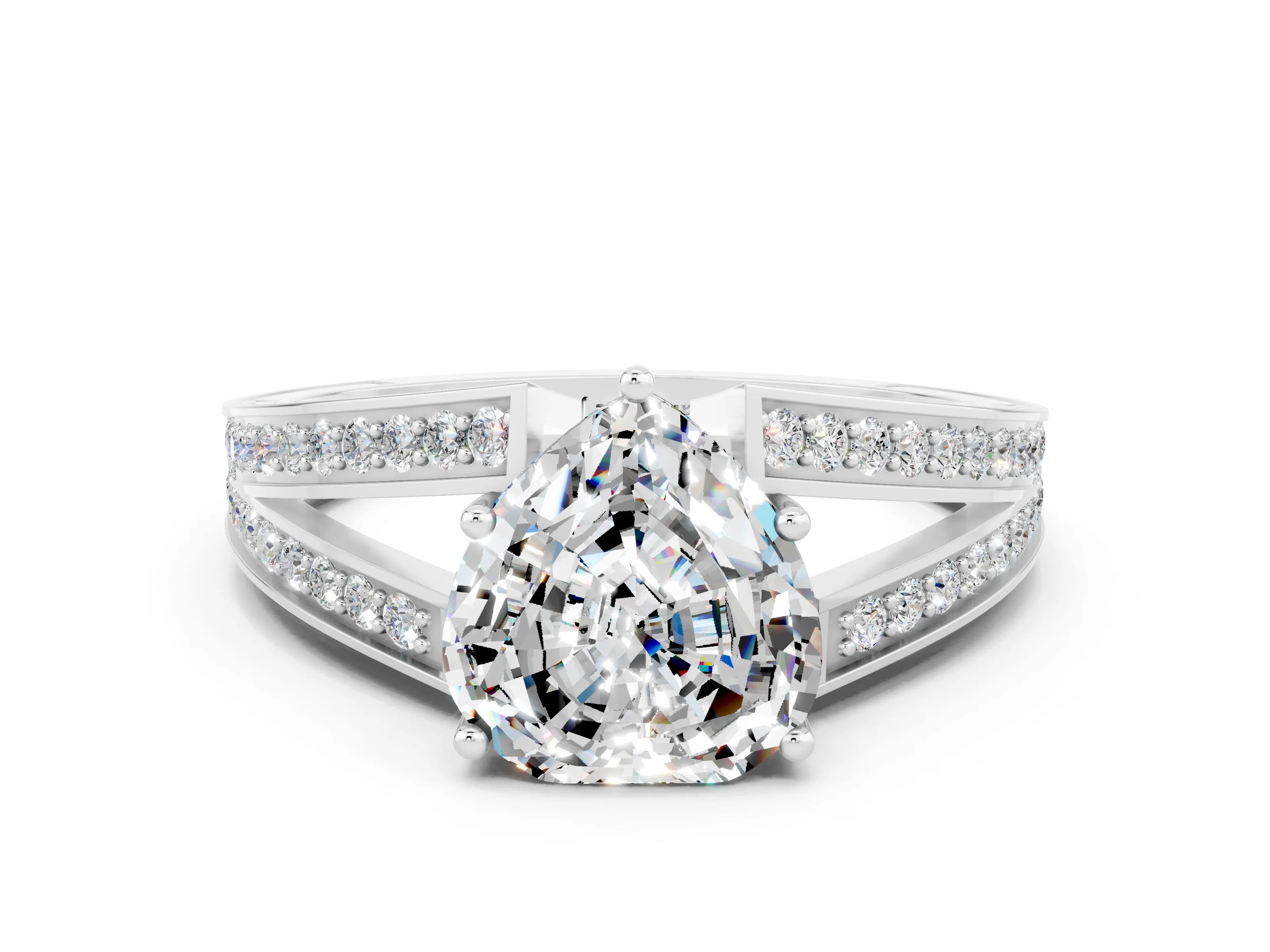 White gold Heart Cut Moissanite Split Shank Ring with Pavé Band and Four-Prong Setting