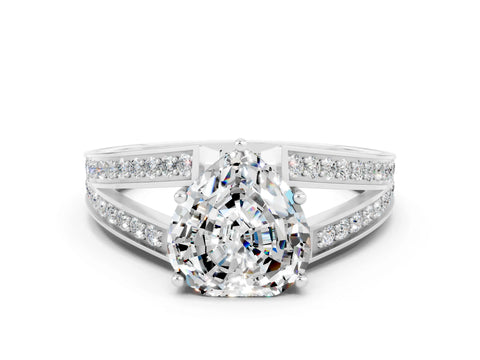 White gold Heart Cut Moissanite Split Shank Ring with Pavé Band and Four-Prong Setting