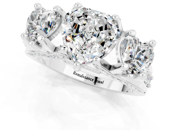 Silver Heart Cut Moissanite Three-Stone Ring with Channel Set Band and Four-Prong Setting