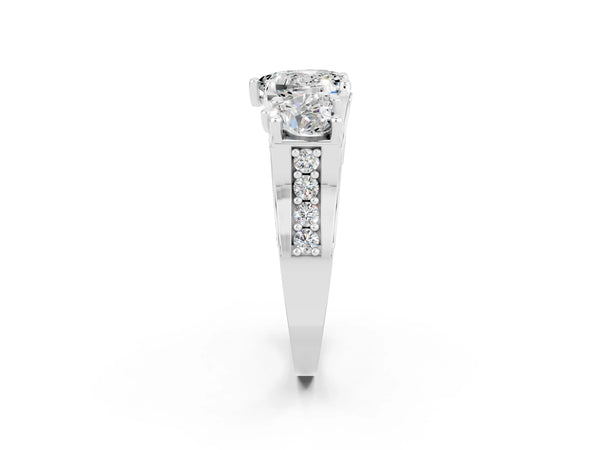 Silver Heart Cut Moissanite Three-Stone Ring with Channel Set Band and Four-Prong Setting
