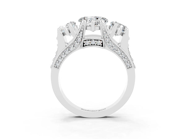 Platinum Heart Cut Moissanite Three-Stone Ring with Channel Set Band and Four-Prong Setting