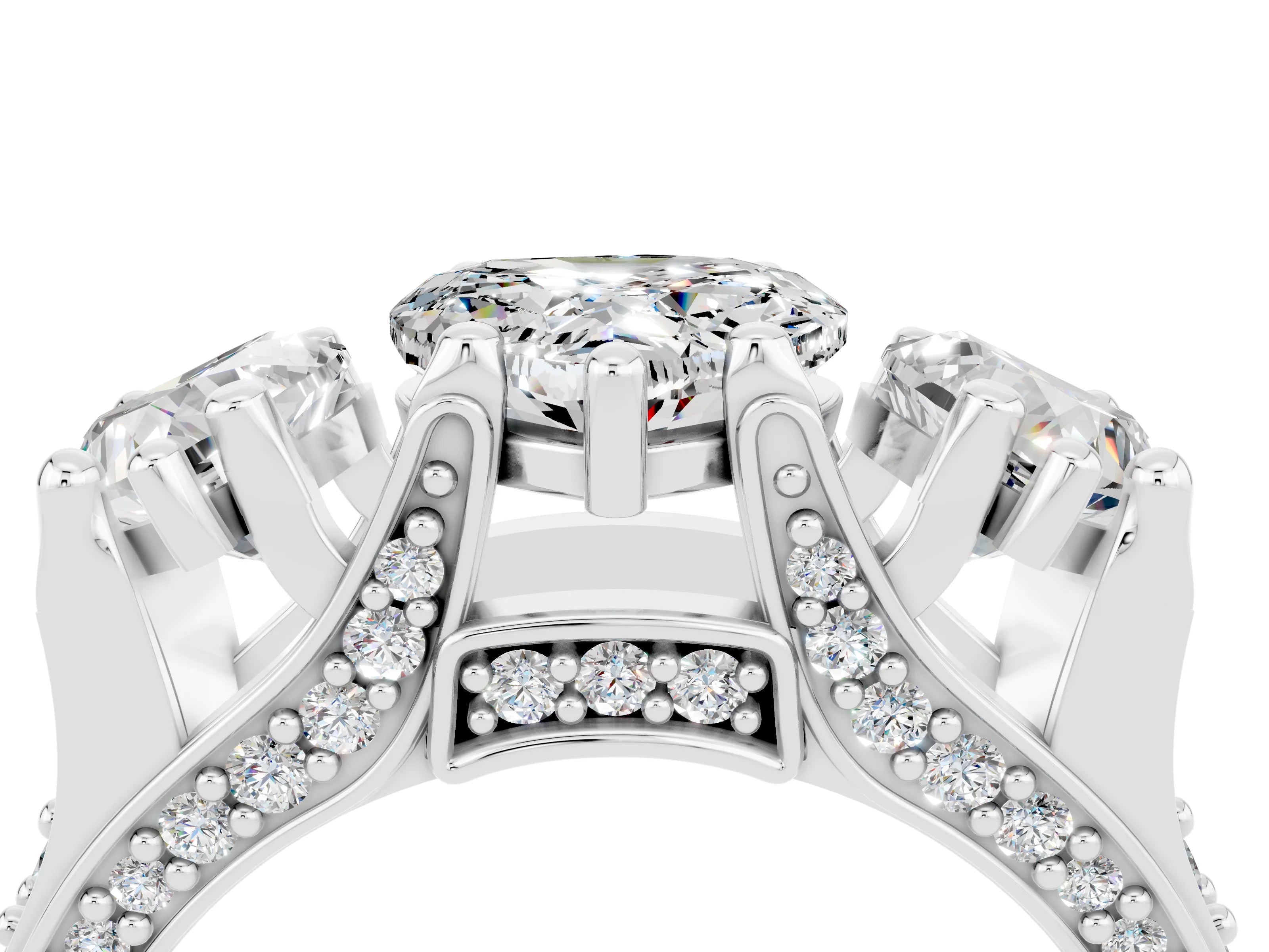 White gold Heart Cut Moissanite Three-Stone Ring with Channel Set Band and Four-Prong Setting_4