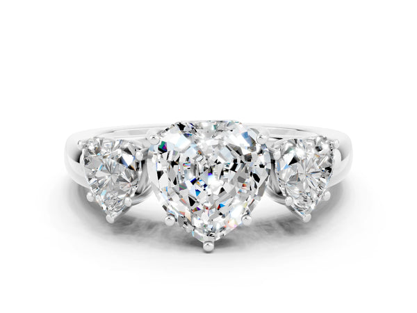 Platinum Heart Cut Moissanite Three-Stone Ring with Four-Prong Setting and Classic Band