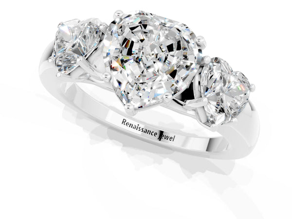 Platinum Heart Cut Moissanite Three-Stone Ring with Four-Prong Setting and Classic Band