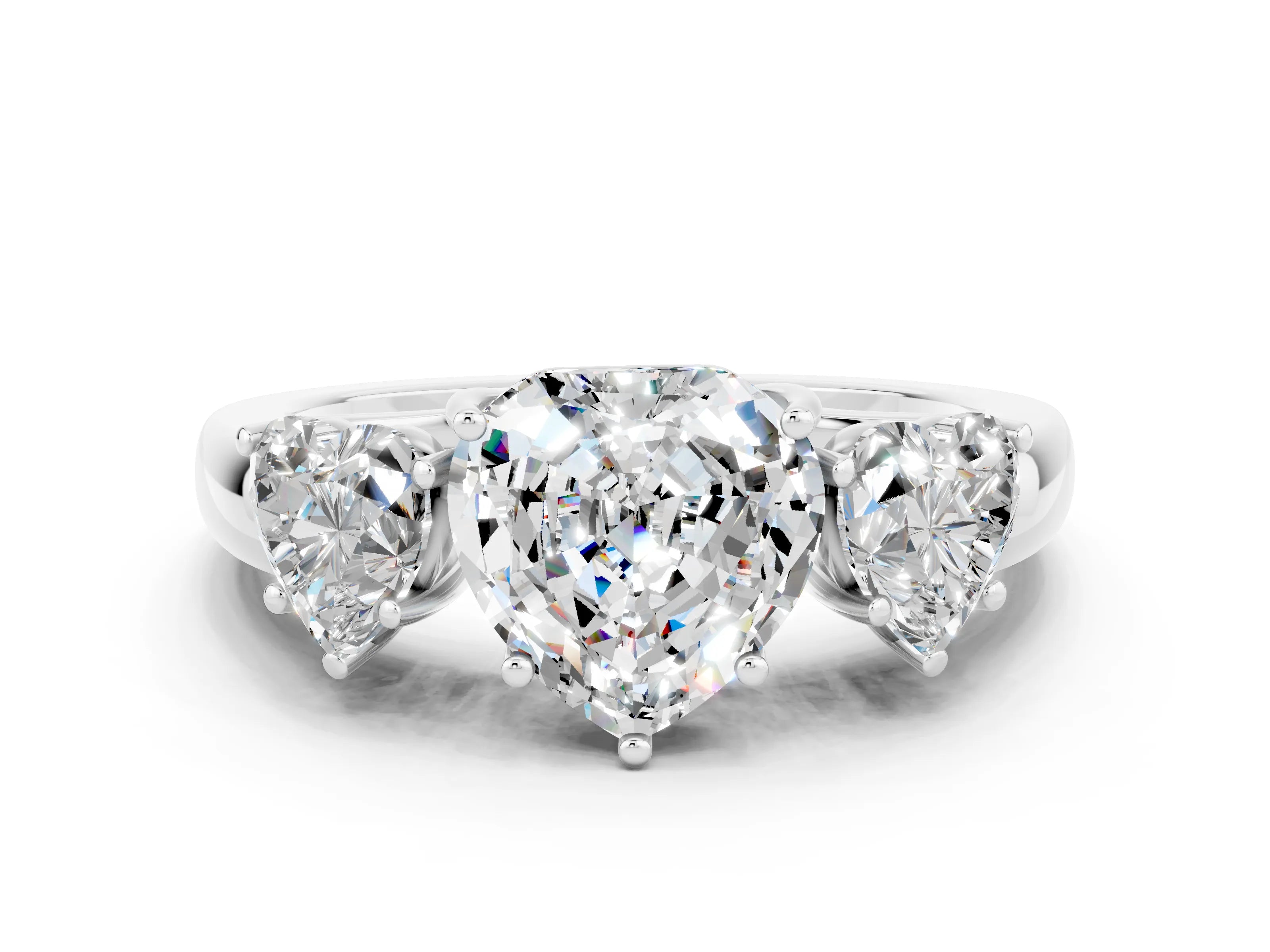 White gold Heart Cut Moissanite Three-Stone Ring with Four-Prong Setting and Classic Band