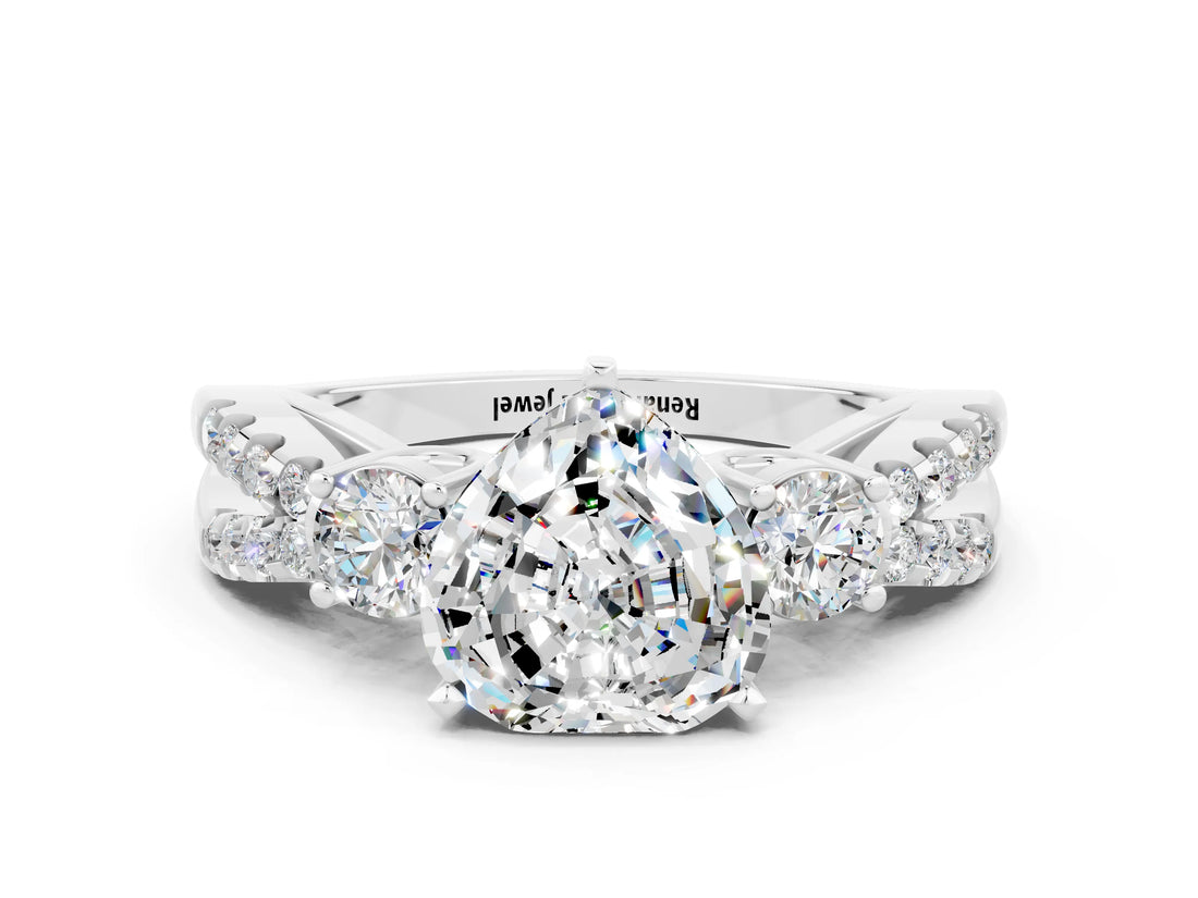 White gold Heart Cut Moissanite Three-Stone Ring with Pavé Split Shank and Four-Prong Setting_24
