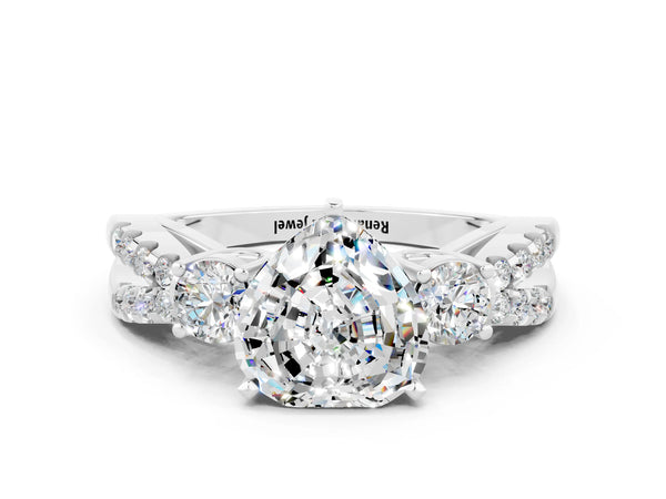 Platinum Heart Cut Moissanite Three-Stone Ring with Pavé Split Shank and Four-Prong Setting