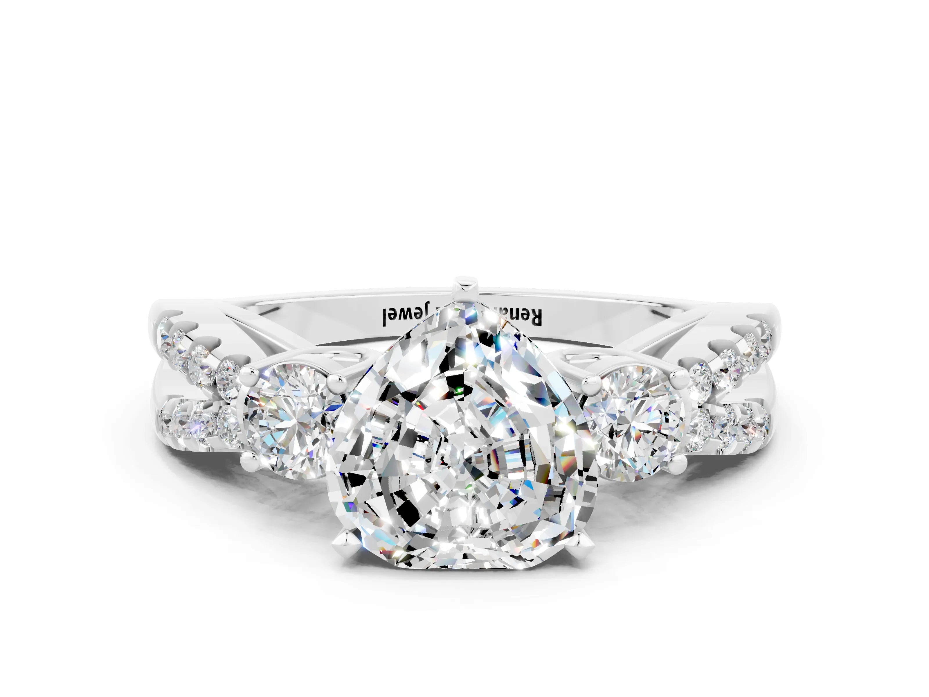 White gold Heart Cut Moissanite Three-Stone Ring with Pavé Split Shank and Four-Prong Setting_24