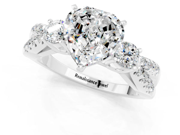White gold Heart Cut Moissanite Three-Stone Ring with Pavé Split Shank and Four-Prong Setting