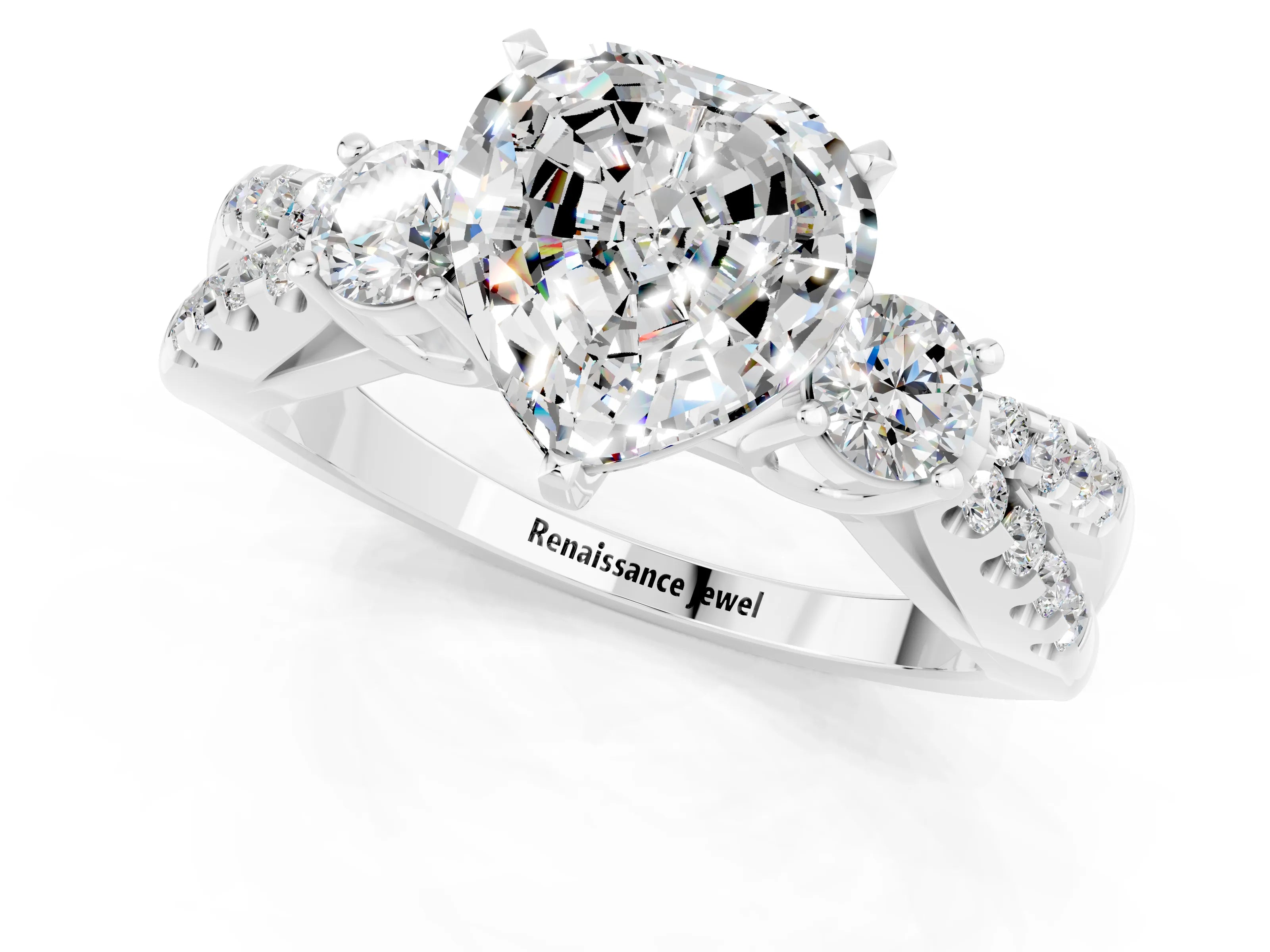 White gold Heart Cut Moissanite Three-Stone Ring with Pavé Split Shank and Four-Prong Setting_25