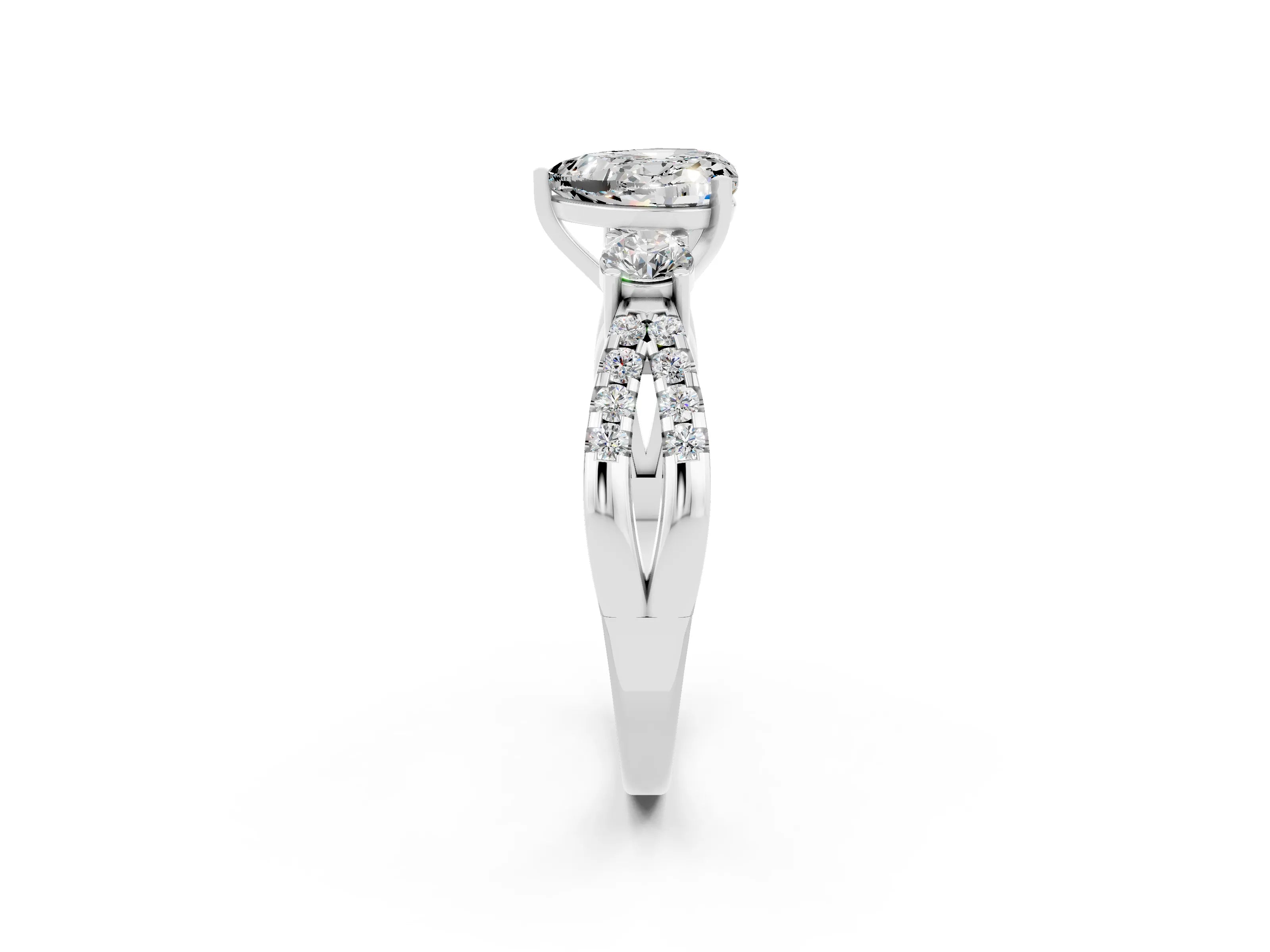White gold Heart Cut Moissanite Three-Stone Ring with Pavé Split Shank and Four-Prong Setting_26