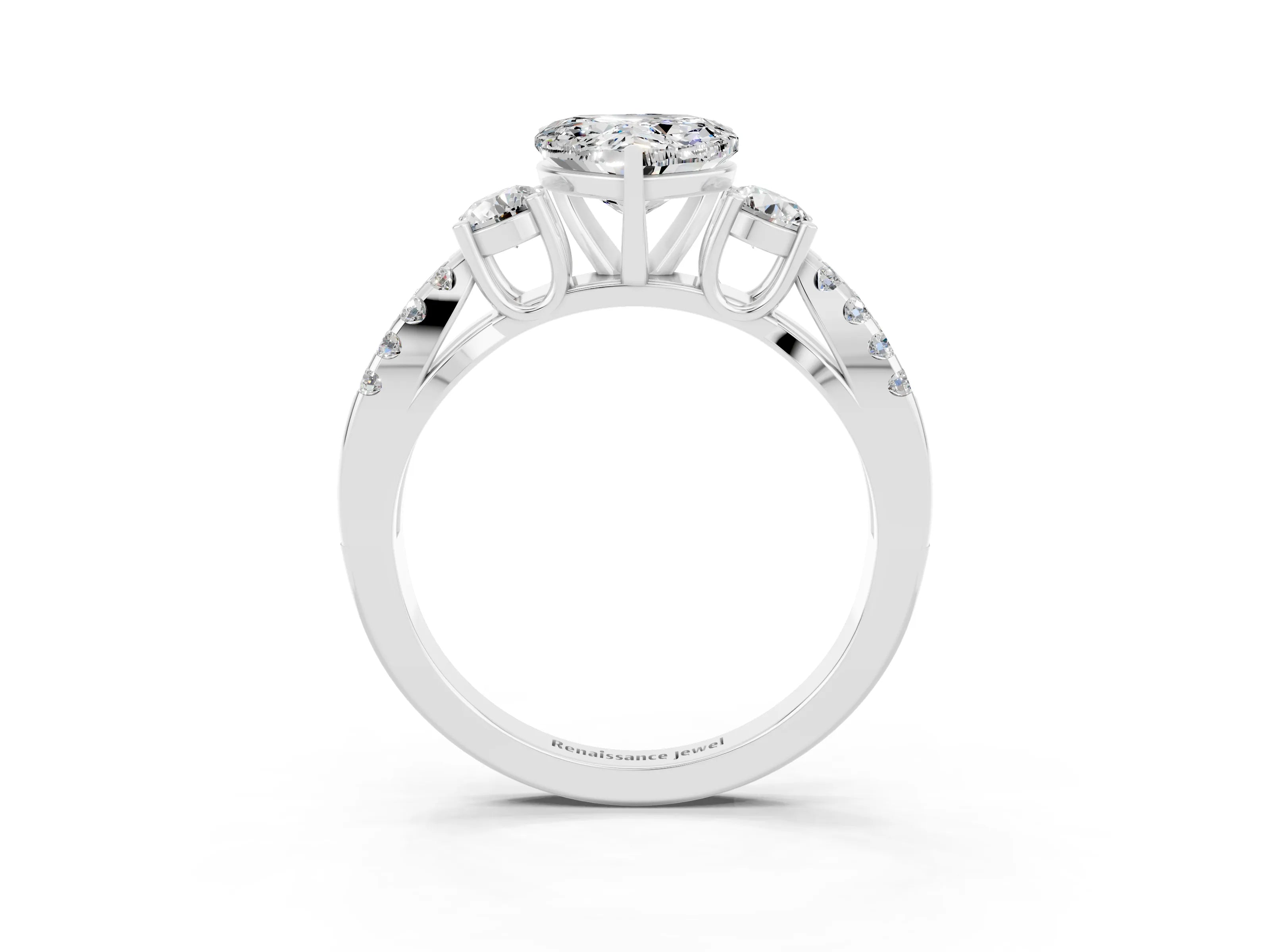 White gold Heart Cut Moissanite Three-Stone Ring with Pavé Split Shank and Four-Prong Setting_27