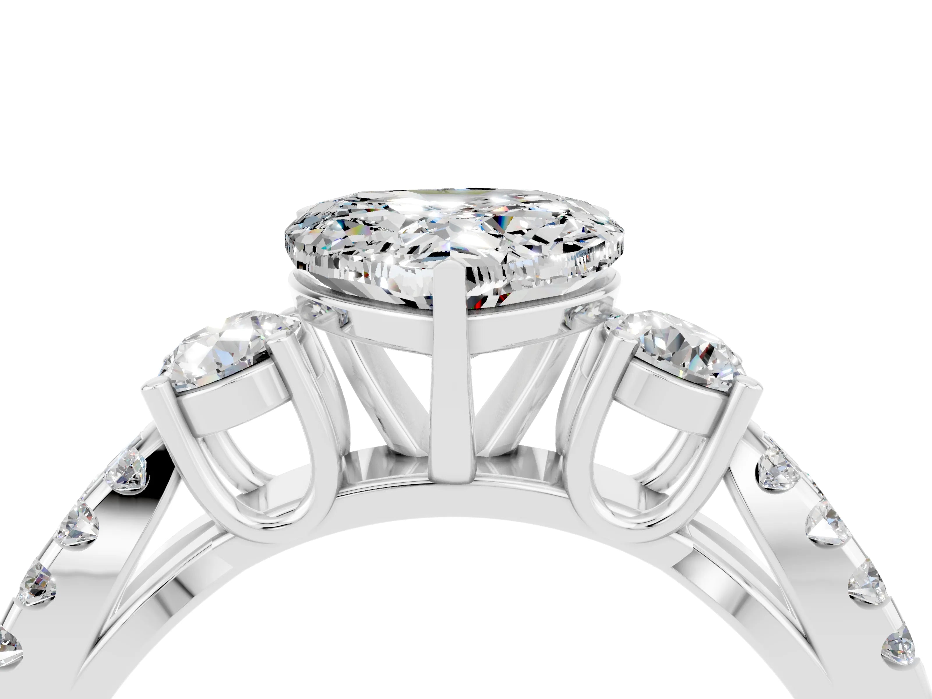 White gold Heart Cut Moissanite Three-Stone Ring with Pavé Split Shank and Four-Prong Setting_27