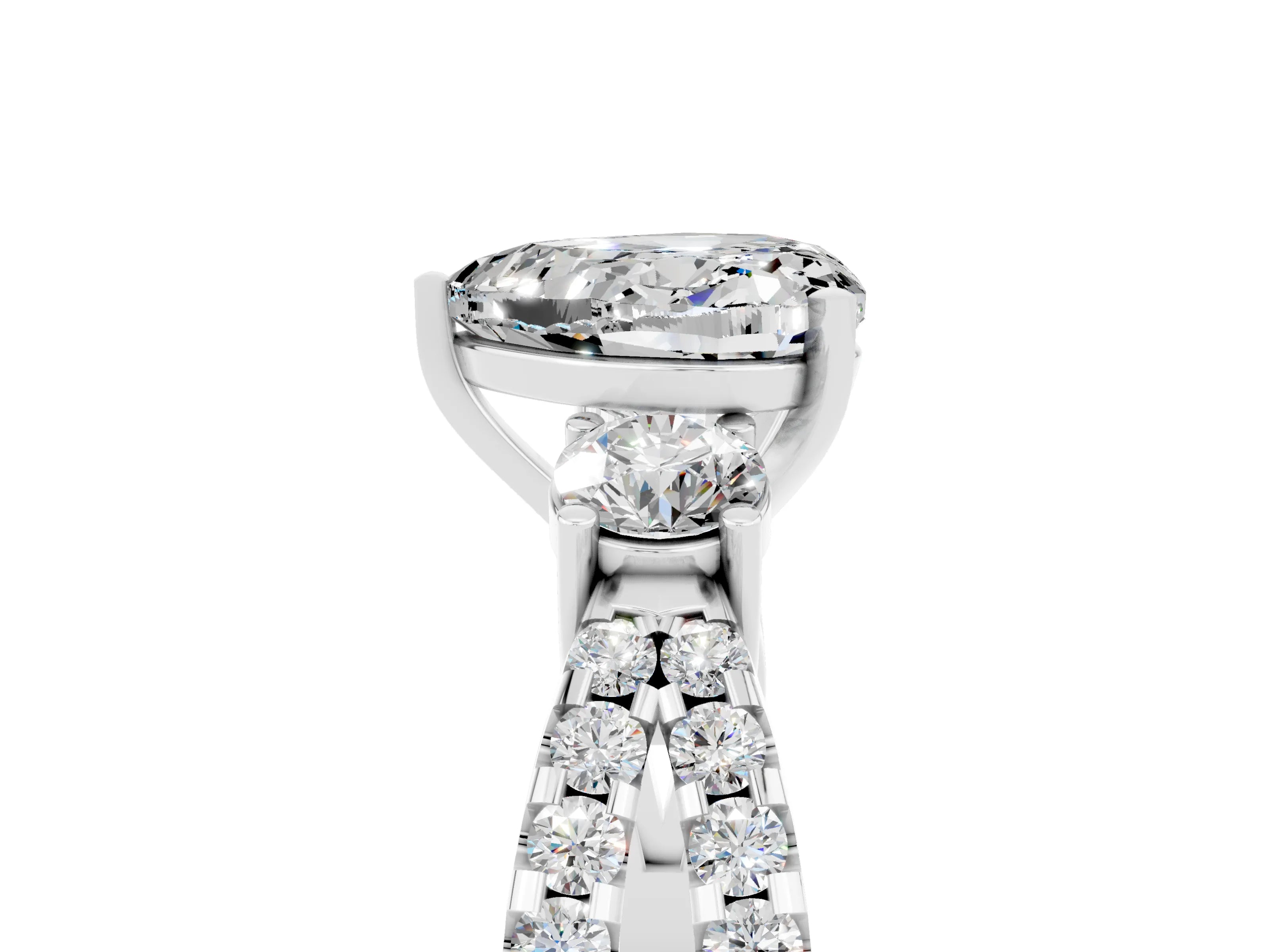 White gold Heart Cut Moissanite Three-Stone Ring with Pavé Split Shank and Four-Prong Setting_28