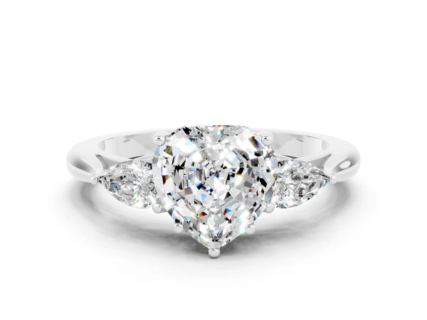 Platinum Heart Cut Moissanite Three-Stone Ring with Pear  Side Stones and Prong Setting