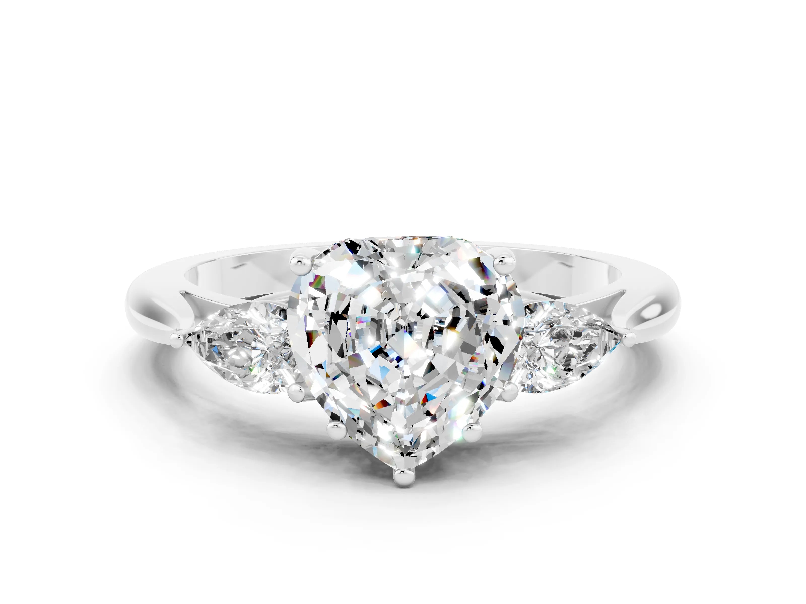 White gold Heart Cut Moissanite Three-Stone Ring with Pear Side Stones and Four-Prong Setting_12