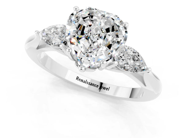 Platinum Heart Cut Moissanite Three-Stone Ring with Pear  Side Stones and Prong Setting