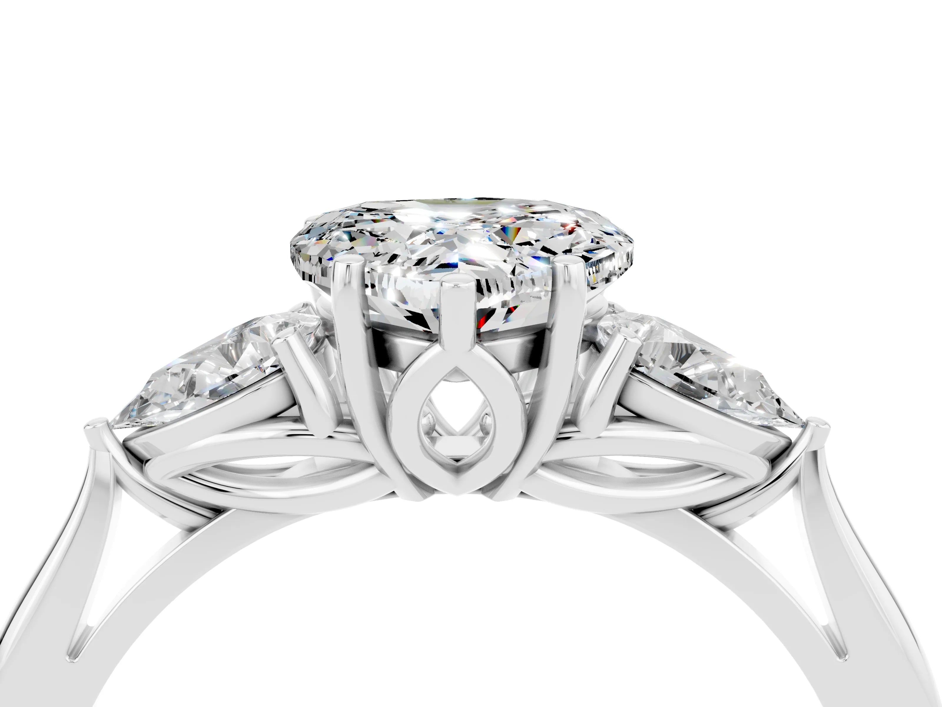 White gold Heart Cut Moissanite Three-Stone Ring with Pear Side Stones and Four-Prong Setting_16