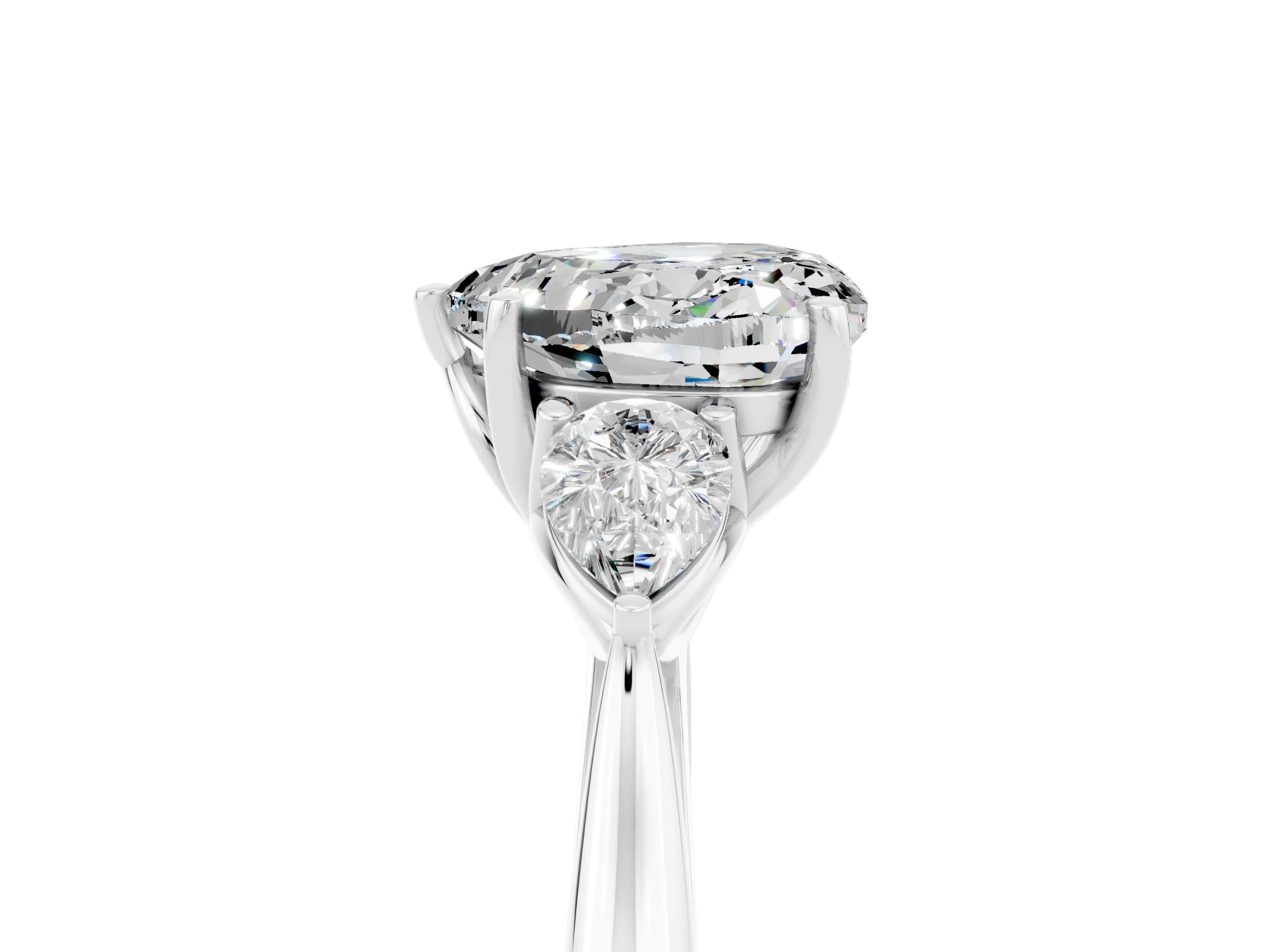 White gold Heart Cut Moissanite Three-Stone Ring with Pear Side Stones and Four-Prong Setting_17