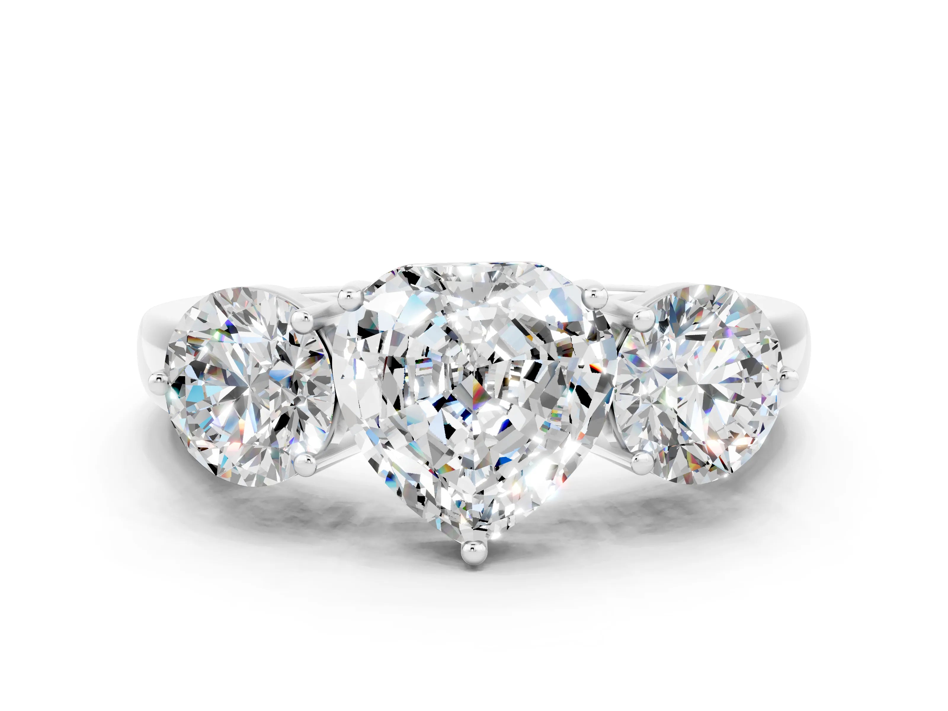 White gold Heart Cut Moissanite Three-Stone Ring with Prong Setting and Classic Band