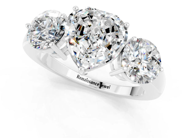 Silver Heart Cut Moissanite Three-Stone Ring with Prong Setting and Classic Band