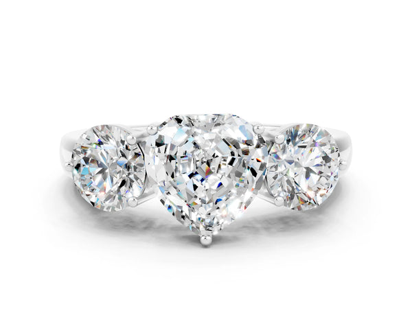 Silver Heart Cut Moissanite Three-Stone Ring with Prong Setting and Classic Band