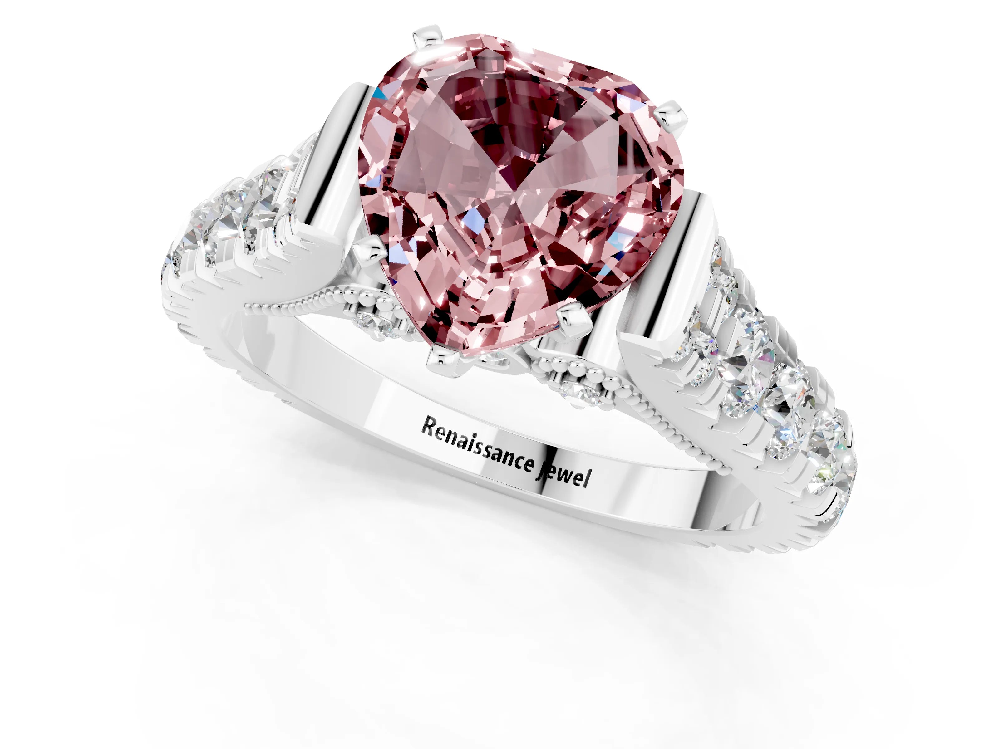 White gold Heart Cut Morganite Classic Solitaire Ring with Pavé Band and Four-Prong Setting_1
