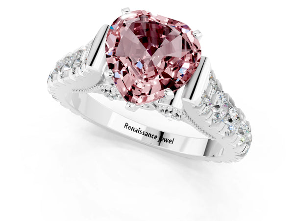 Silver Heart Cut Morganite Classic Solitaire Ring with Pavé Band and Four-Prong Setting