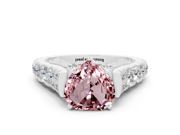 White gold Heart Cut Morganite Classic Solitaire Ring with Pavé Band and Four-Prong Setting