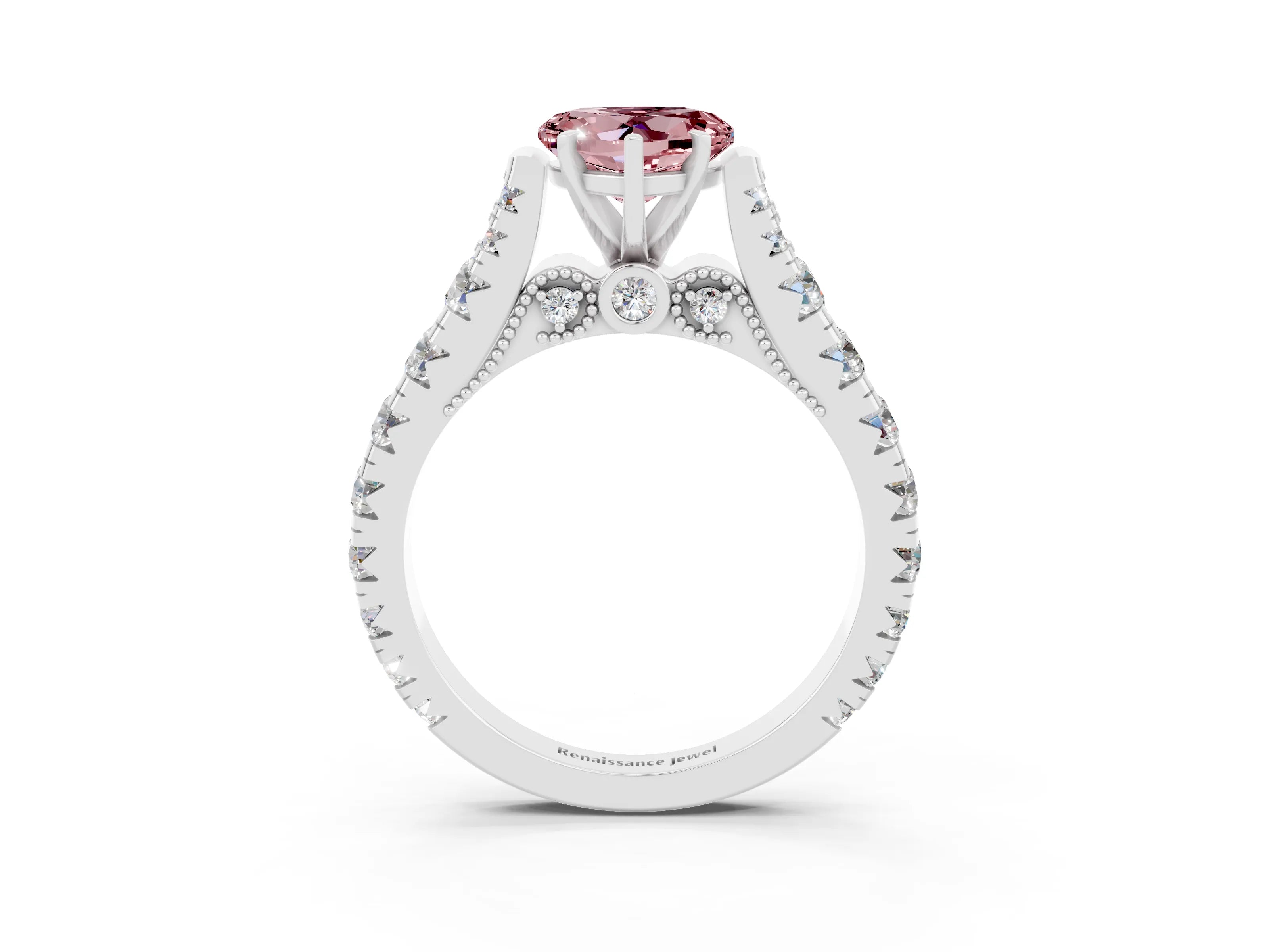 White gold Heart Cut Morganite Classic Solitaire Ring with Pavé Band and Four-Prong Setting_3