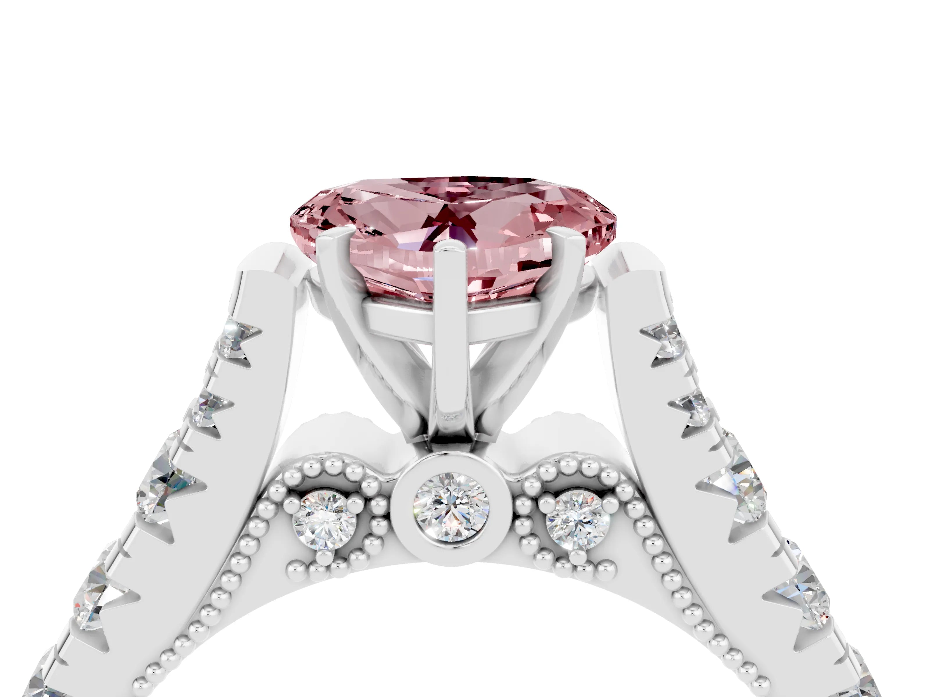 White gold Heart Cut Morganite Classic Solitaire Ring with Pavé Band and Four-Prong Setting_4