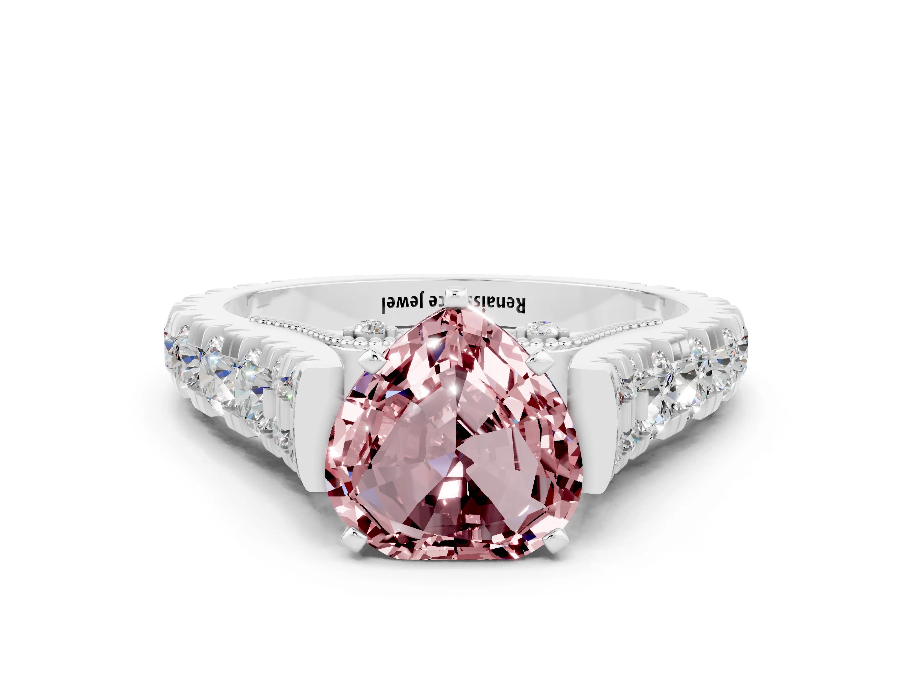 White gold Heart Cut Morganite Classic Solitaire Ring with Pavé Band and Four-Prong Setting