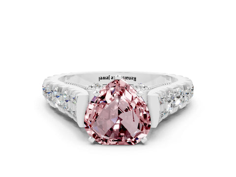 White gold Heart Cut Morganite Classic Solitaire Ring with Pavé Band and Four-Prong Setting
