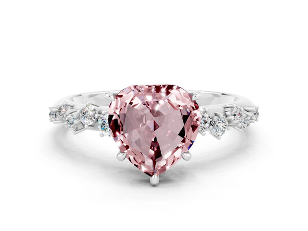White gold Heart Cut Morganite Cluster Side Stone Solitaire Ring with Prong Setting