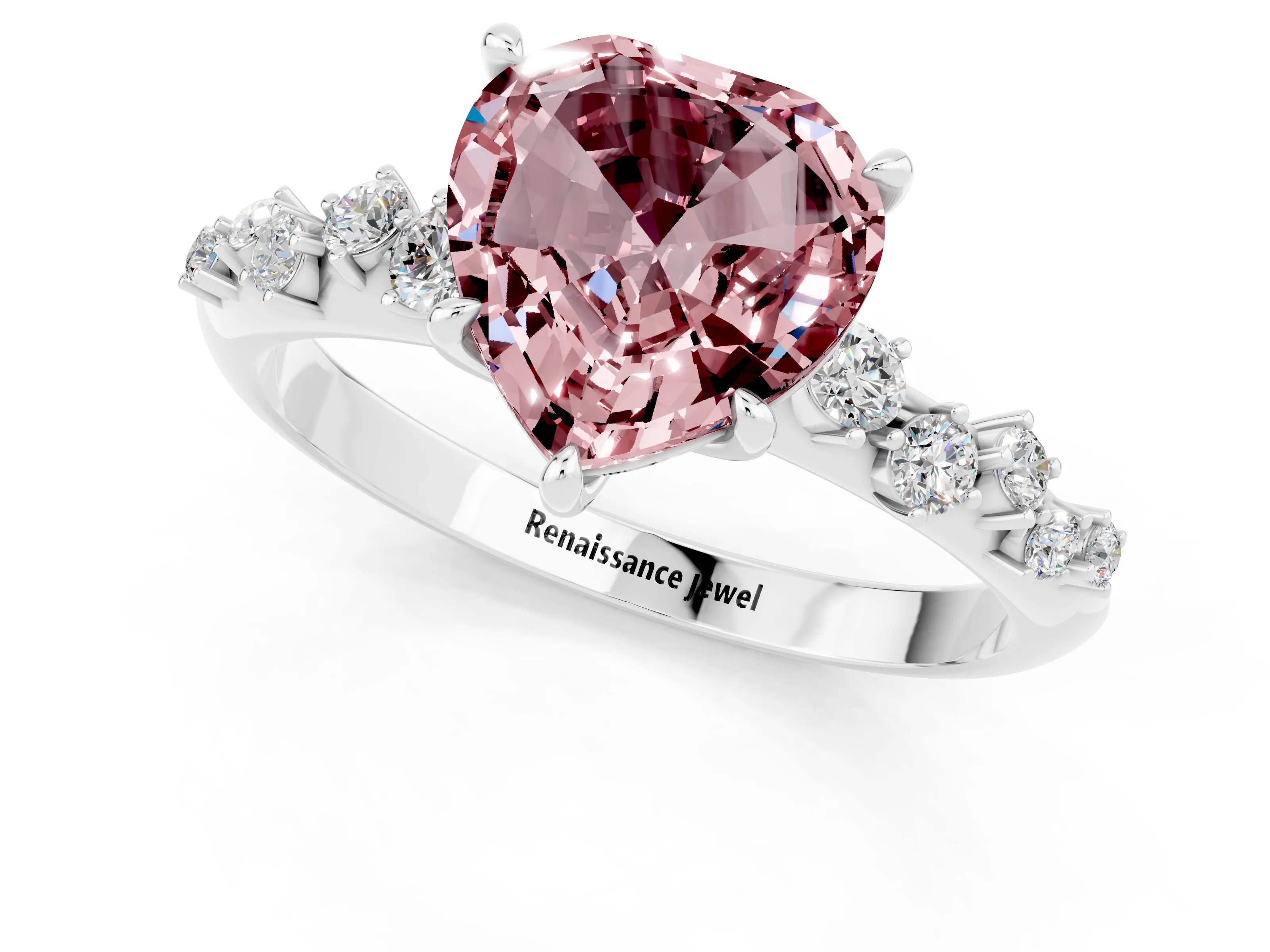White gold Heart Cut Morganite Cluster Side Stone Solitaire Ring with Prong Setting_25