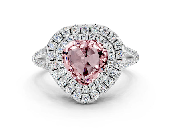 Platinum Heart Cut Morganite Double Halo Ring with Pavé Band and Prong Setting