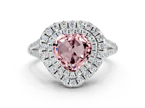 White gold Heart Cut Morganite Double Halo Ring with Pavé Band and Prong Setting_12