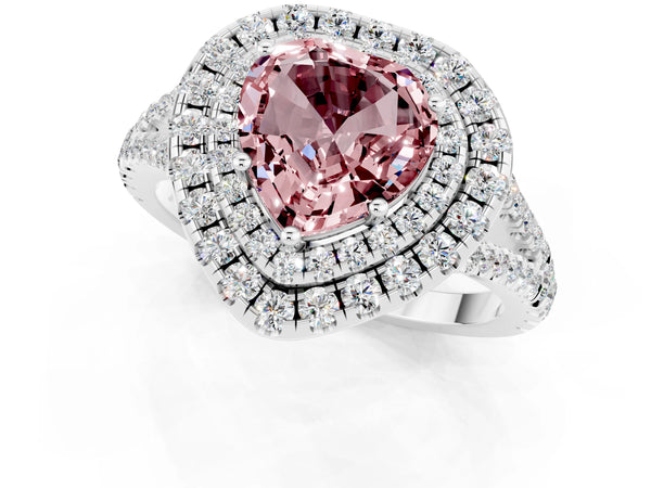Platinum Heart Cut Morganite Double Halo Ring with Pavé Band and Prong Setting