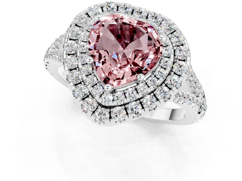 White gold Heart Cut Morganite Double Halo Ring with Pavé Band and Prong Setting_13