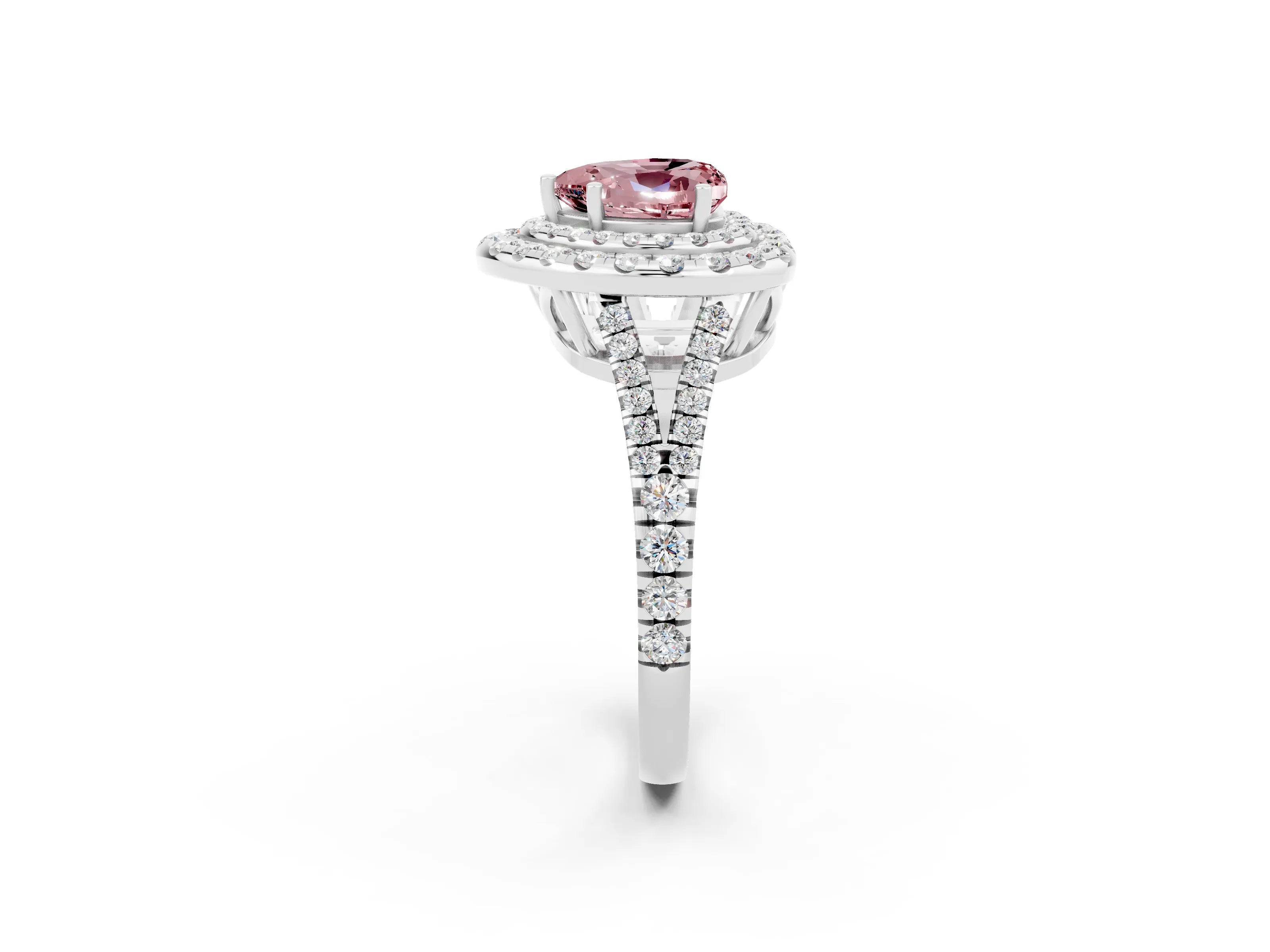 White gold Heart Cut Morganite Double Halo Ring with Pavé Band and Prong Setting_14