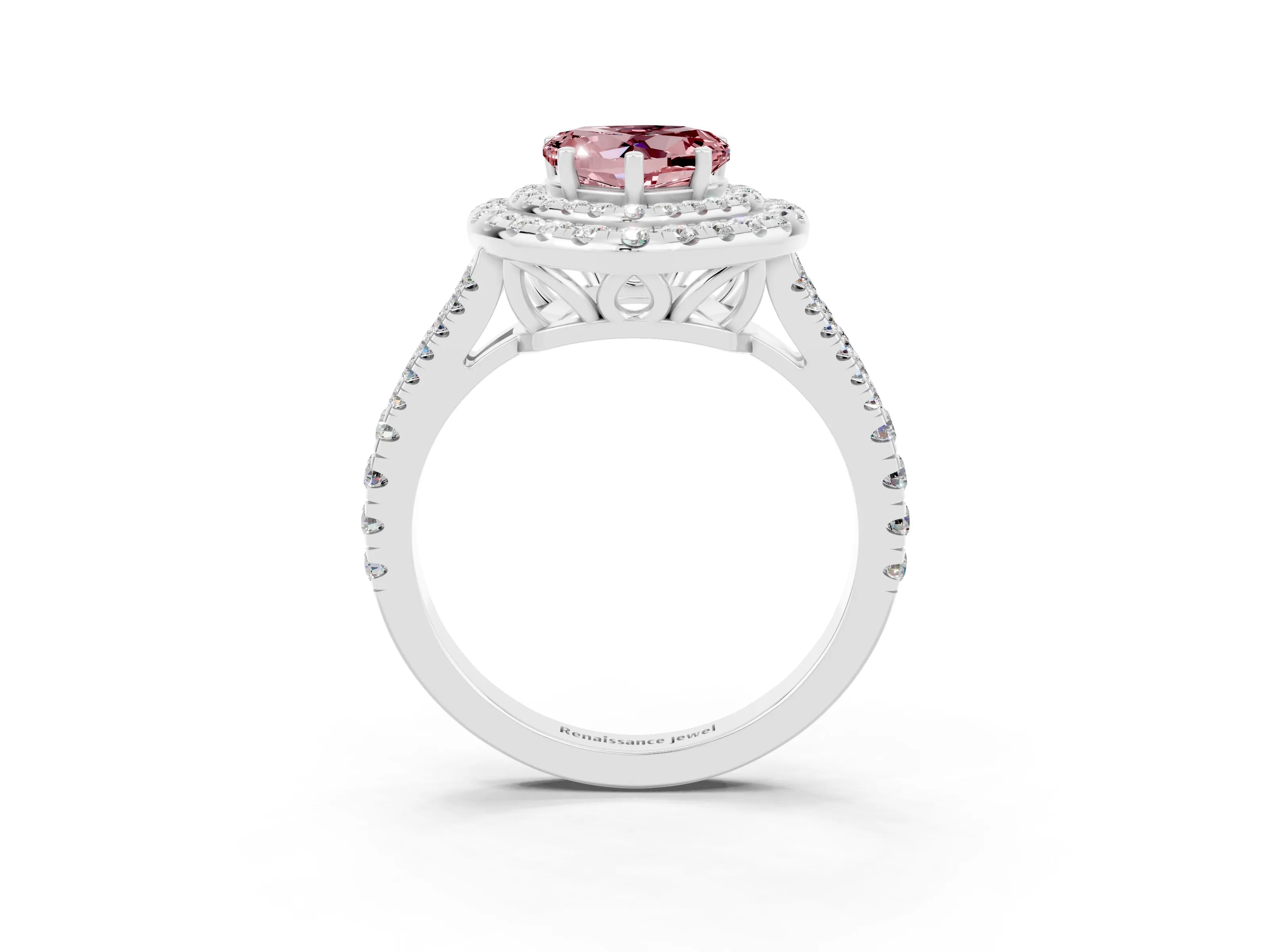 White gold Heart Cut Morganite Double Halo Ring with Pavé Band and Prong Setting_15