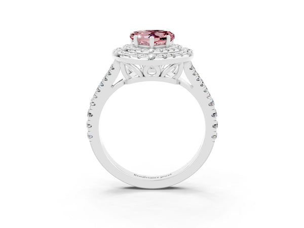White gold Heart Cut Morganite Double Halo Ring with Pavé Band and Prong Setting