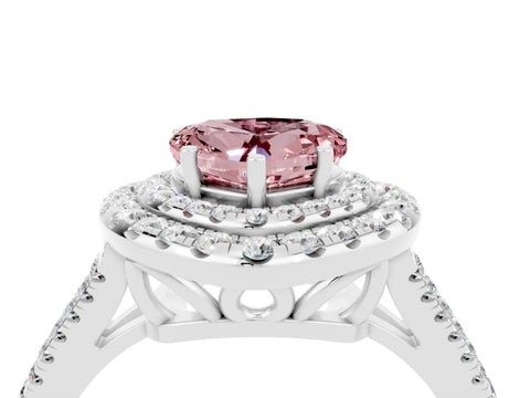 White gold Heart Cut Morganite Double Halo Ring with Pavé Band and Prong Setting_16