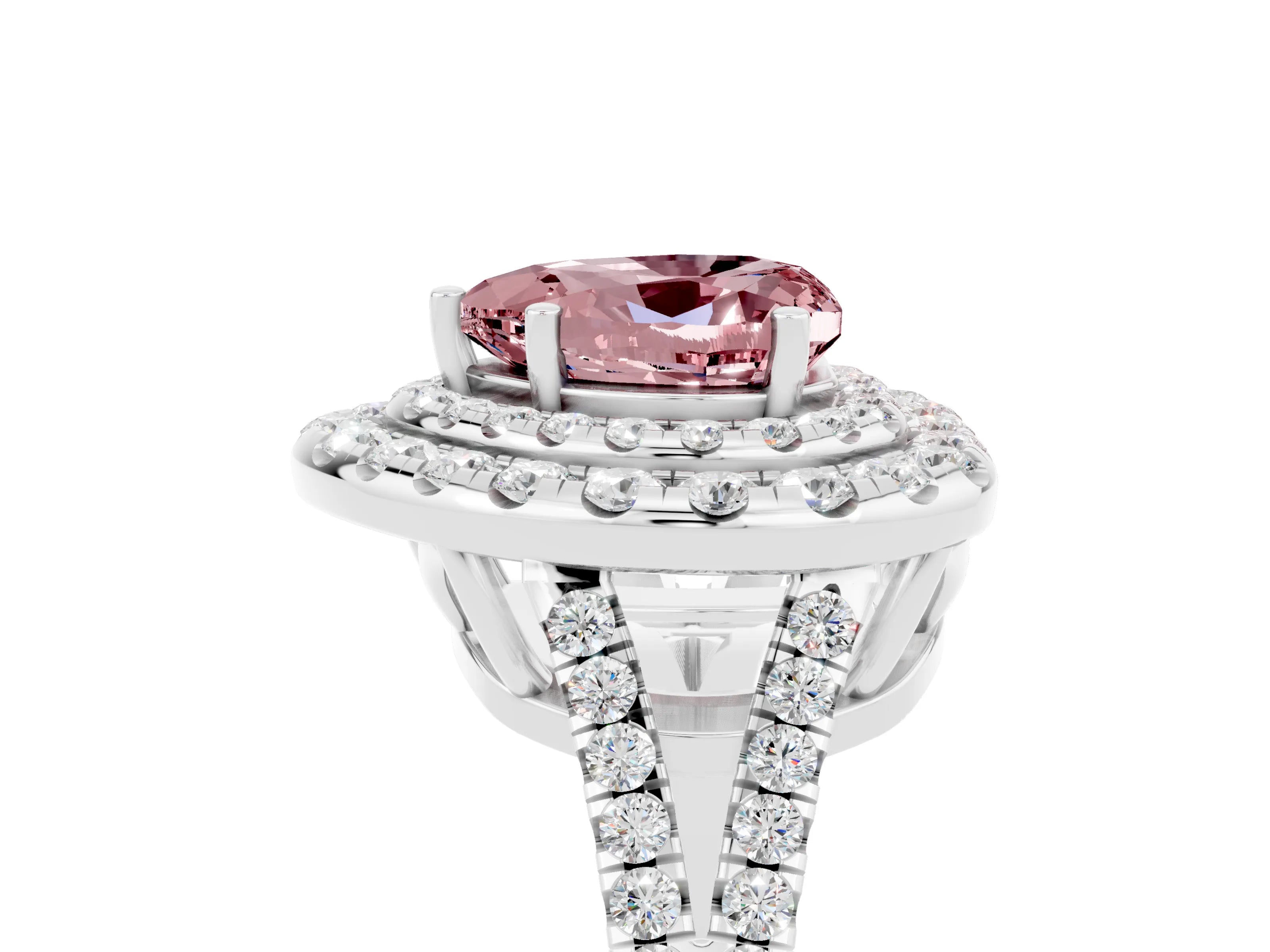 White gold Heart Cut Morganite Double Halo Ring with Pavé Band and Prong Setting_17