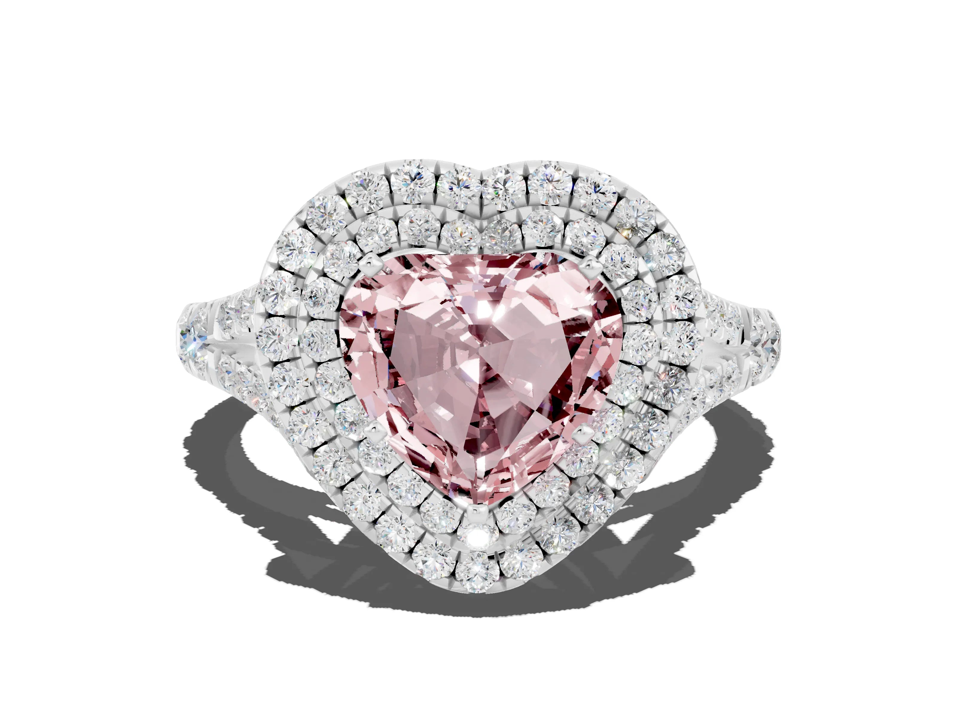 White gold Heart Cut Morganite Double Halo Ring with Split Shank and Prong Setting_12