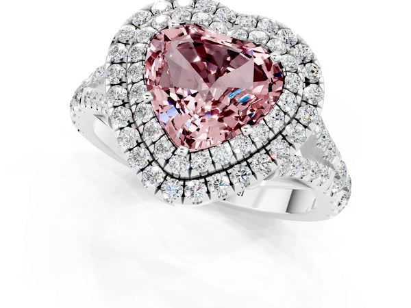 Silver Heart Cut Morganite Double Halo Ring with Split Shank and Prong Setting